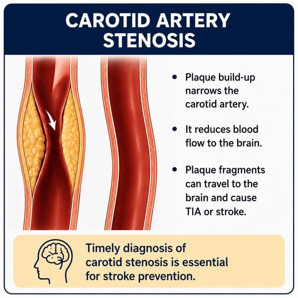 Carotid artery stenosis showing plaque buildup narrowing the artery and increasing the risk of TIA or stroke