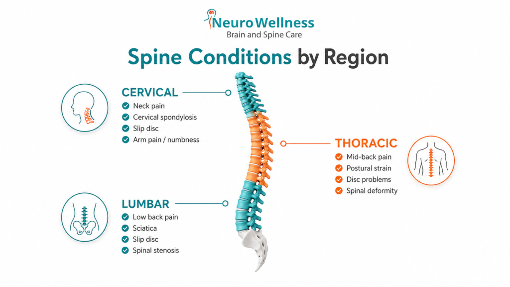 Spine conditions by region — cervical, thoracic, lumbar