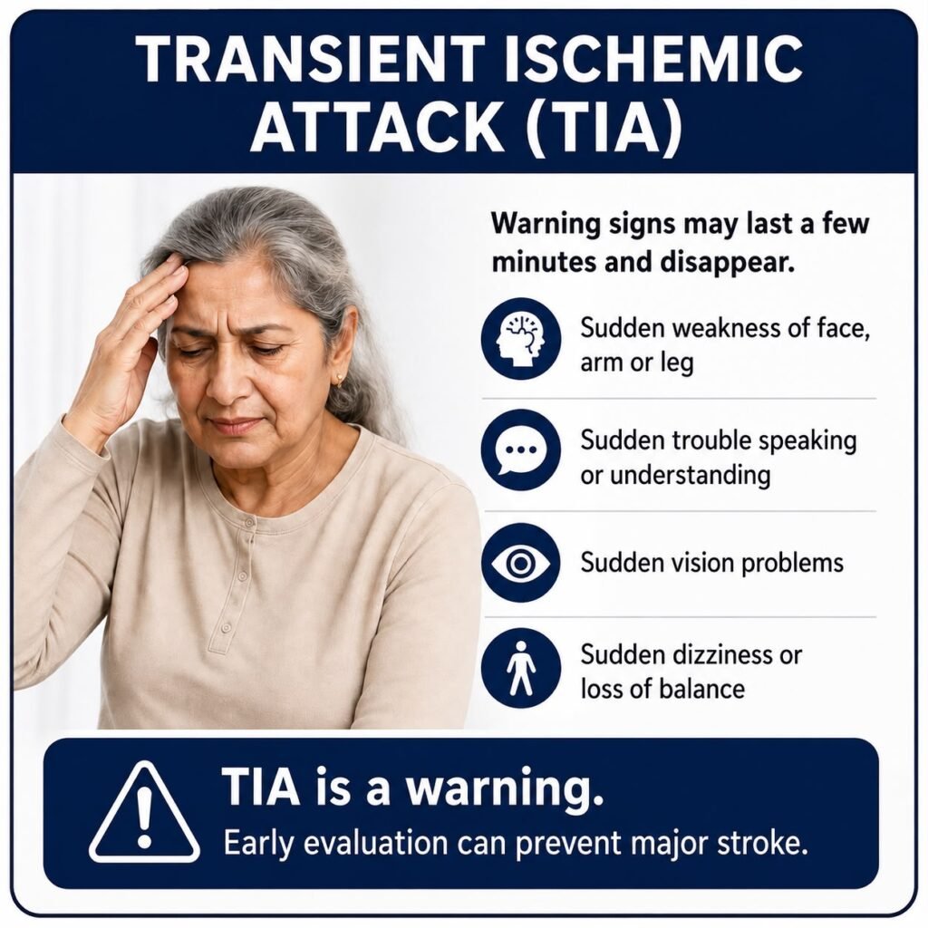 Transient ischemic attack TIA warning signs including sudden weakness, speech difficulty, vision problems and dizziness