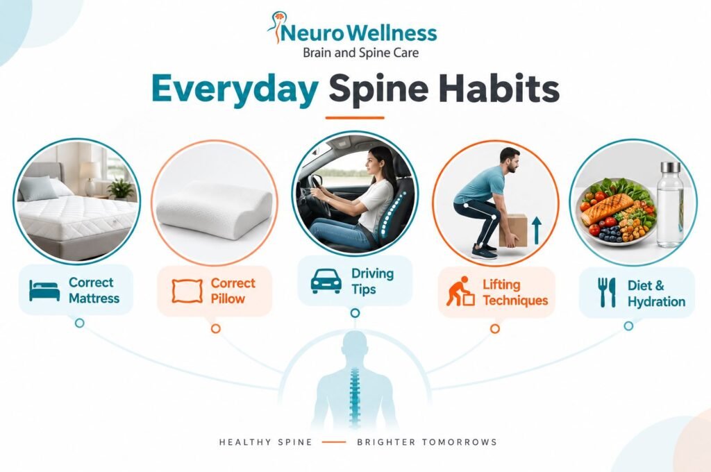 Everyday spine care habits including correct mattress, pillow, driving posture, safe lifting, diet and hydration