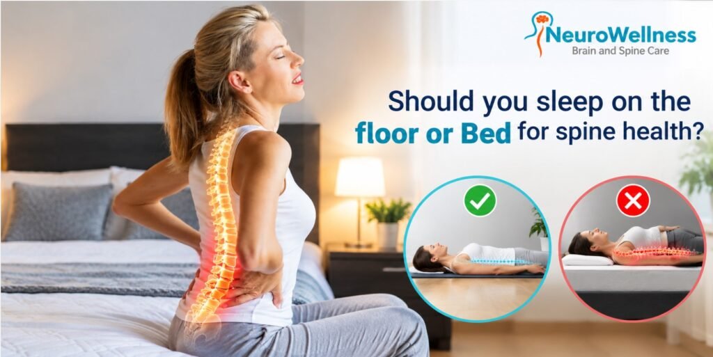 Floor vs bed sleeping comparison showing spinal alignment, mattress support and sleeping positions for better spine health and back pain relief.