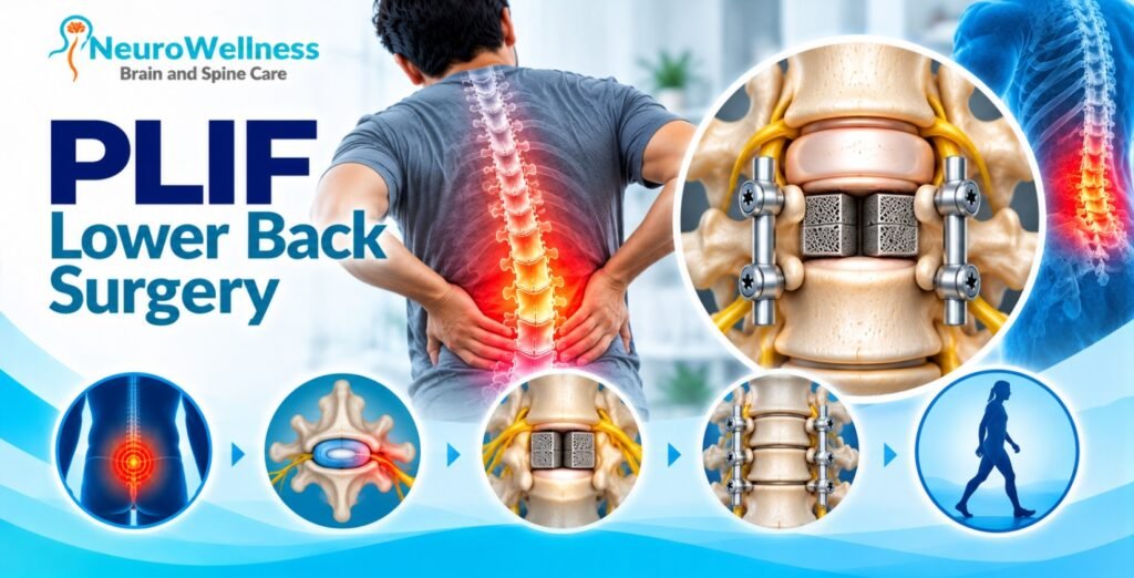 PLIF lower back surgery illustration showing posterior lumbar interbody fusion with two cages, pedicle screws and rods to stabilise the spine and relieve nerve compression.