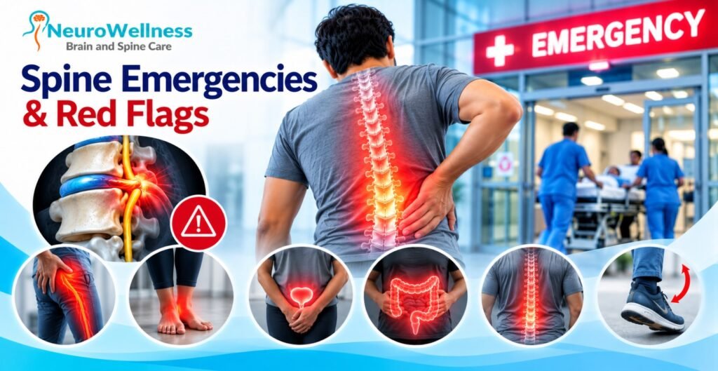 Spine emergencies and red flags including severe back pain, nerve compression, leg weakness, foot drop, numbness, and bladder or bowel control problems requiring urgent medical attention.