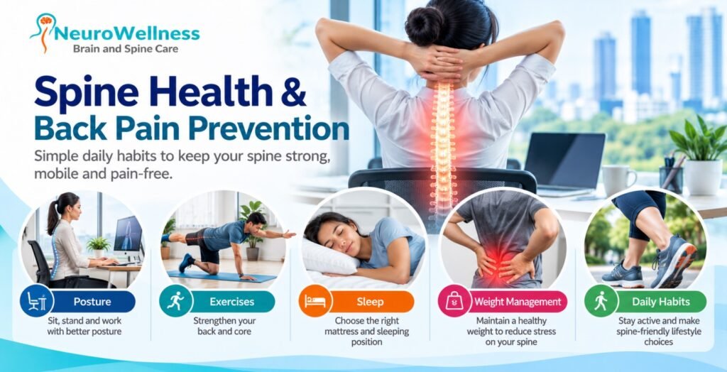 Spine health and back pain prevention tips for desk workers in Bangalore, including correct posture, spine-strengthening exercises, healthy sleeping positions, weight management and daily habits.