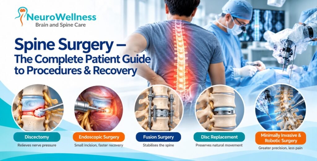 Spine surgery patient guide covering microdiscectomy, endoscopic discectomy, spinal fusion, cervical disc replacement, minimally invasive and robotic spine surgery, and recovery.
