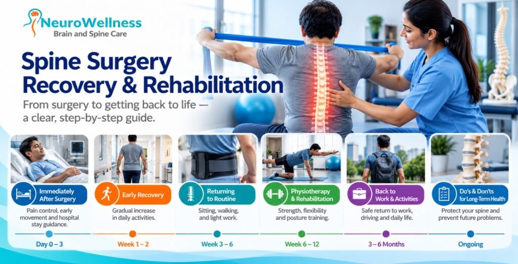 Spine surgery recovery and rehabilitation guide showing post-surgery care, week-by-week recovery timeline, physiotherapy exercises, return to work and long-term spine health.
