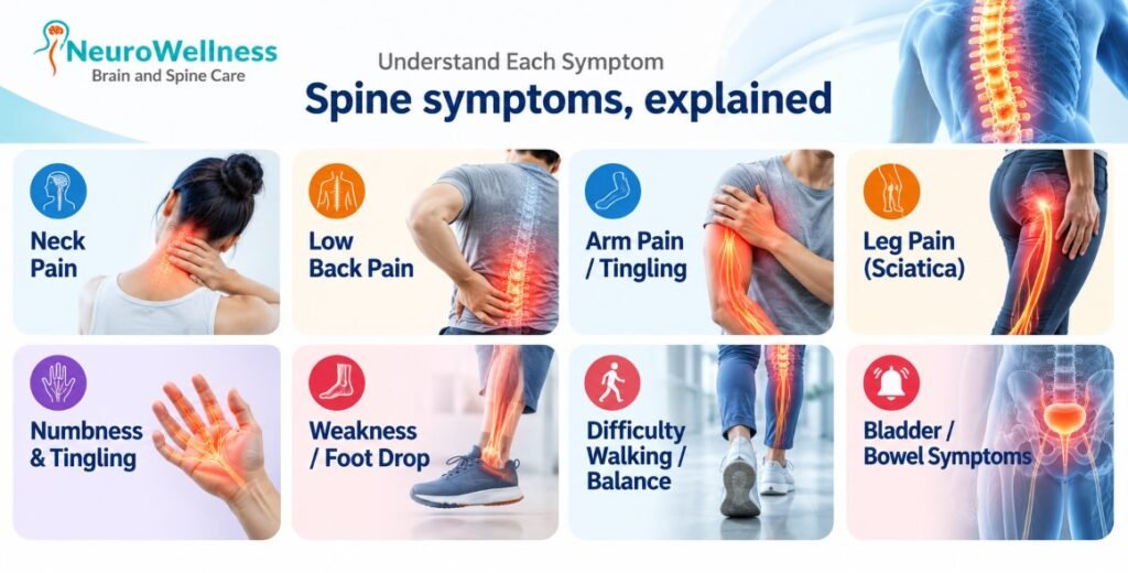 Infographic explaining eight common spine symptoms: neck pain, lower back pain, arm tingling, sciatica, numbness, foot drop, walking difficulties and bladder or bowel warning signs.