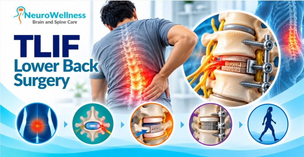 TLIF lower back surgery illustration showing lumbar spinal fusion with cage, screws and rods to relieve nerve compression and stabilise the spine.